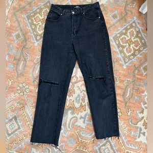 Black High Waisted Straight leg Jeans with ripped knees